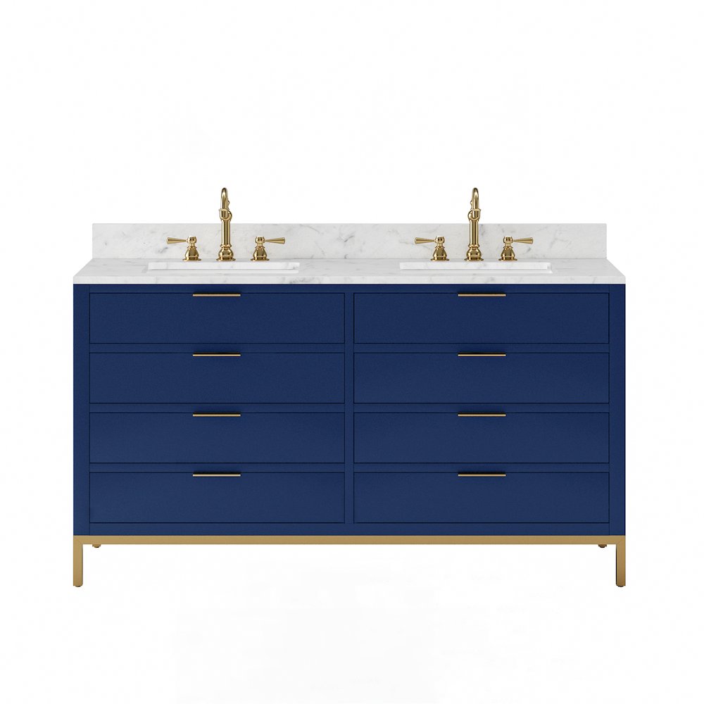 60 In. Double Sink Carrara White Marble Countertop Bath Vanity in Monarch Blue. Picture 1