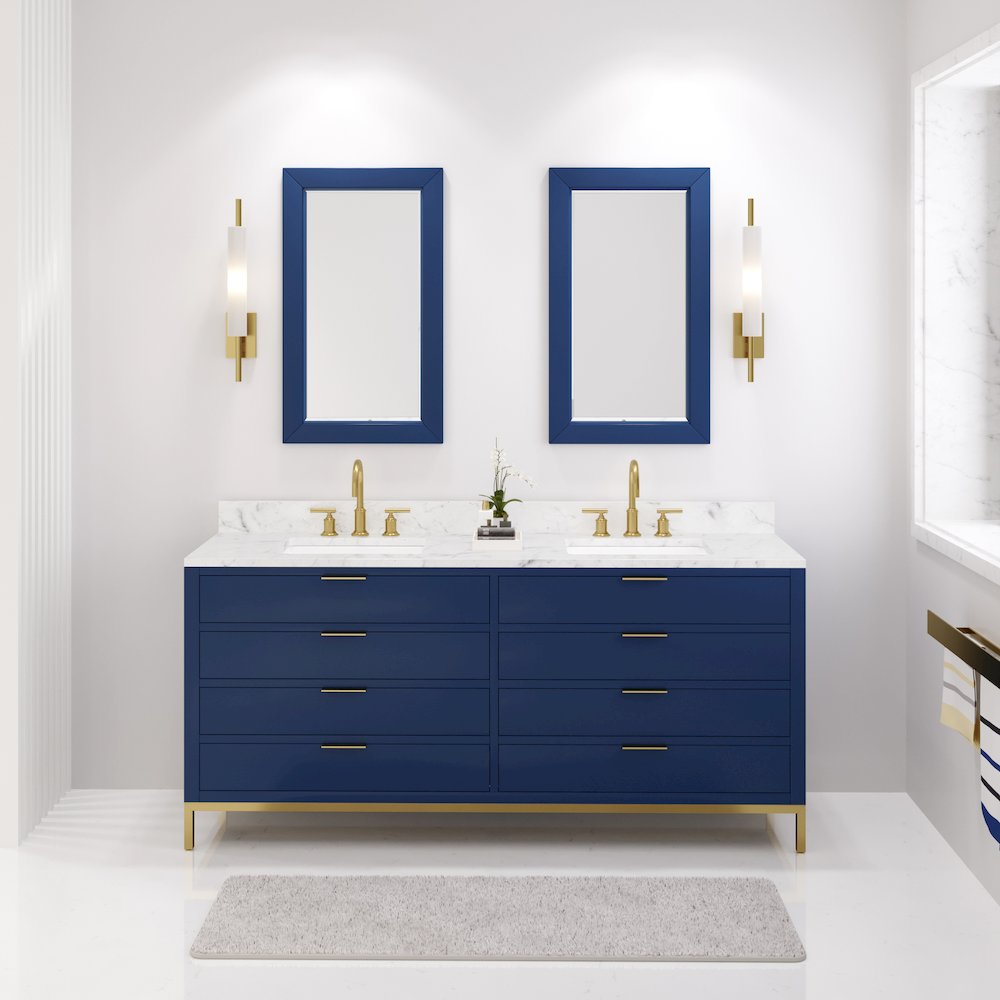 72 In. Double Sink Carrara White Marble Countertop Bath Vanity in Monarch Blue. Picture 1
