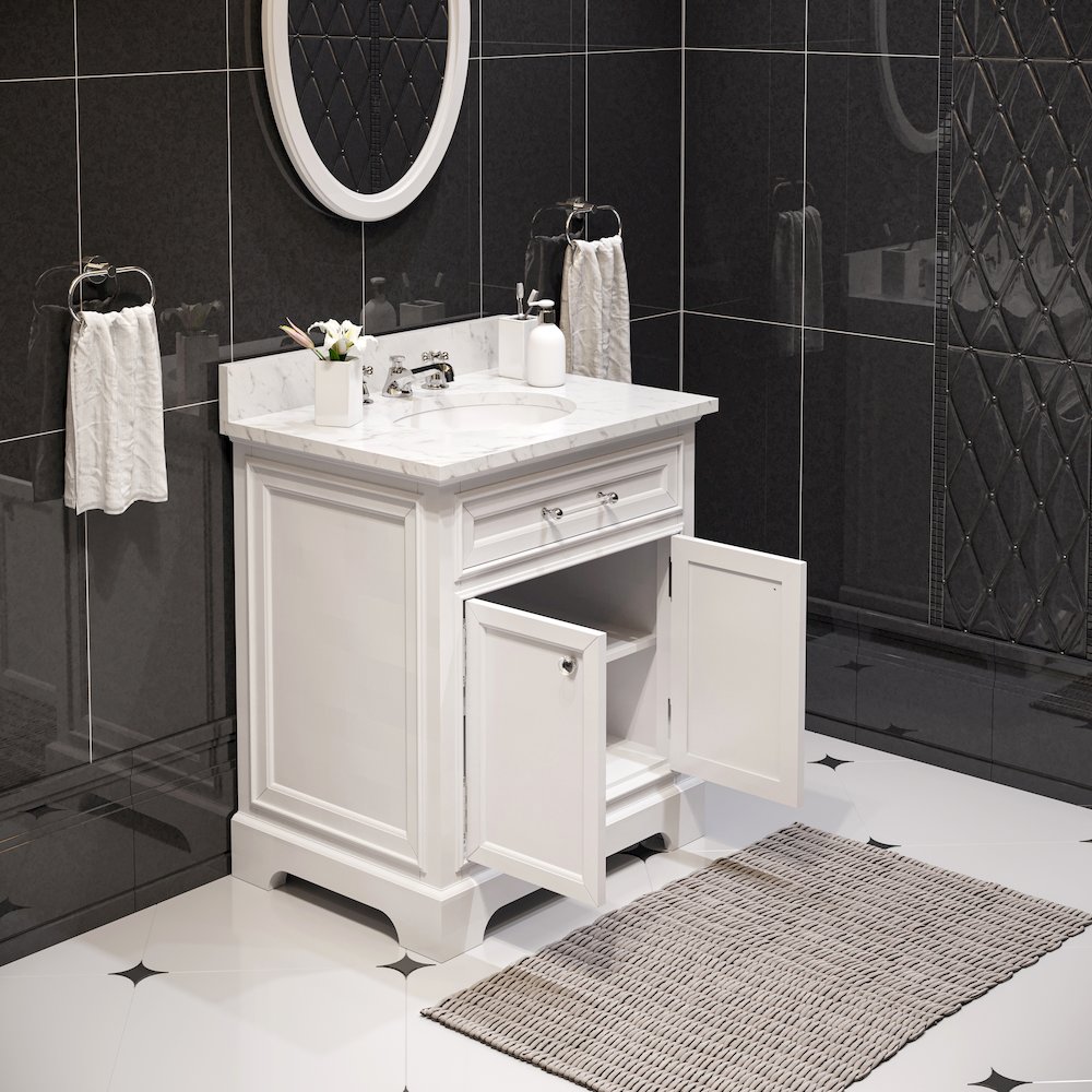 30 In. Single Sink Carrara White Marble Countertop Bath Vanity In Pure White. Picture 5