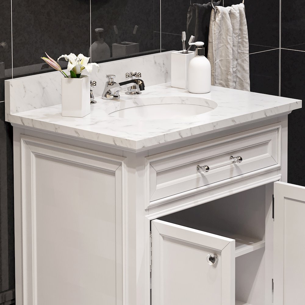 30 In. Single Sink Carrara White Marble Countertop Bath Vanity In Pure White. Picture 6
