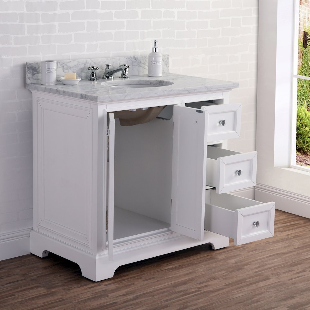 36 In. Single Sink Carrara White Marble Countertop Bath Vanity In Pure White. Picture 8