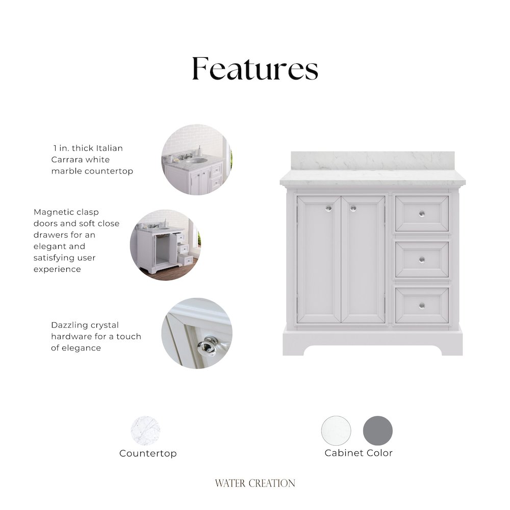 36 In. Single Sink Carrara White Marble Countertop Bath Vanity In Pure White. Picture 10