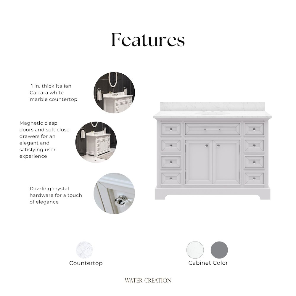 48 In. Single Sink Carrara White Marble Countertop Bath Vanity In Pure White. Picture 11