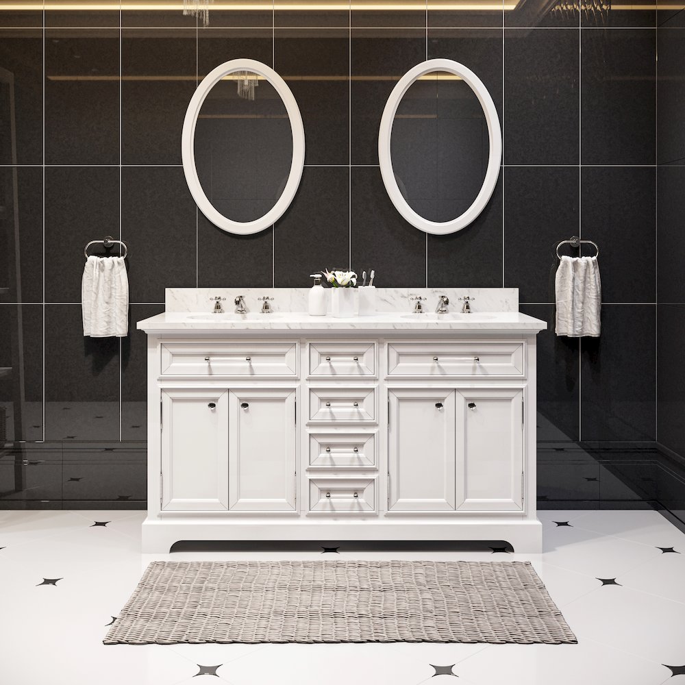 60 In. Double Sink Carrara White Marble Countertop Bath Vanity In Pure White. Picture 2