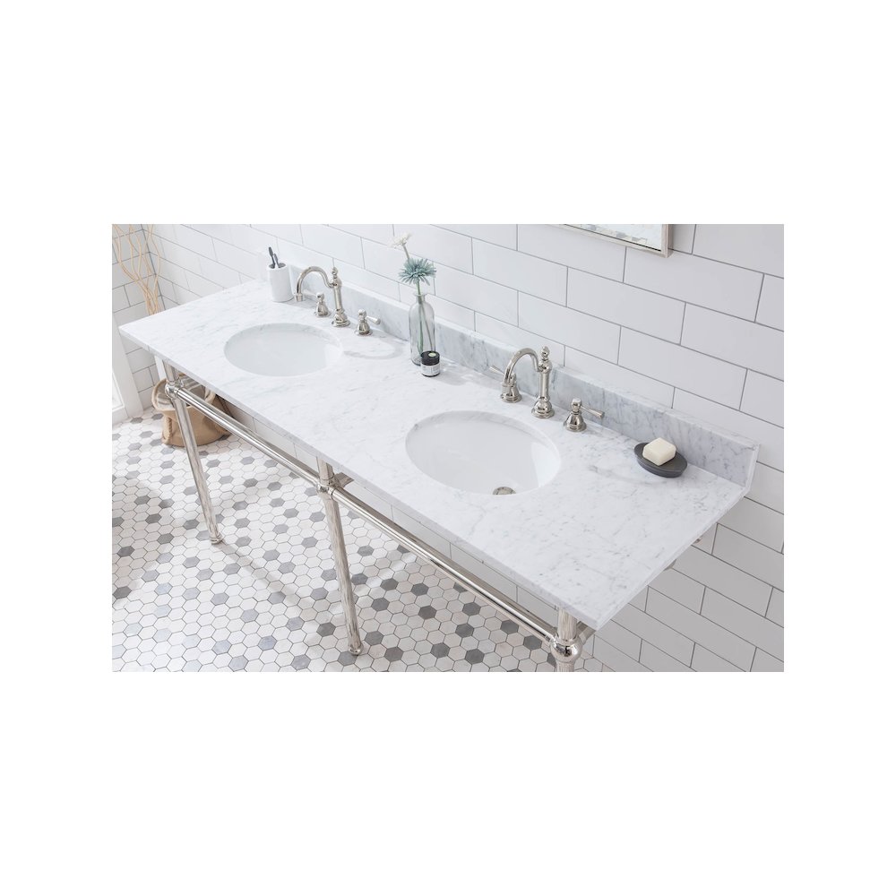 72 In. W. Double Wash Stand, P-Trap, Carrara White Marble Countertop. Picture 5