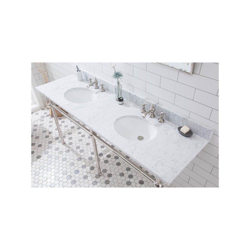 72 In. W. Double Wash Stand, P-Trap, Carrara White Marble Countertop. Picture 6