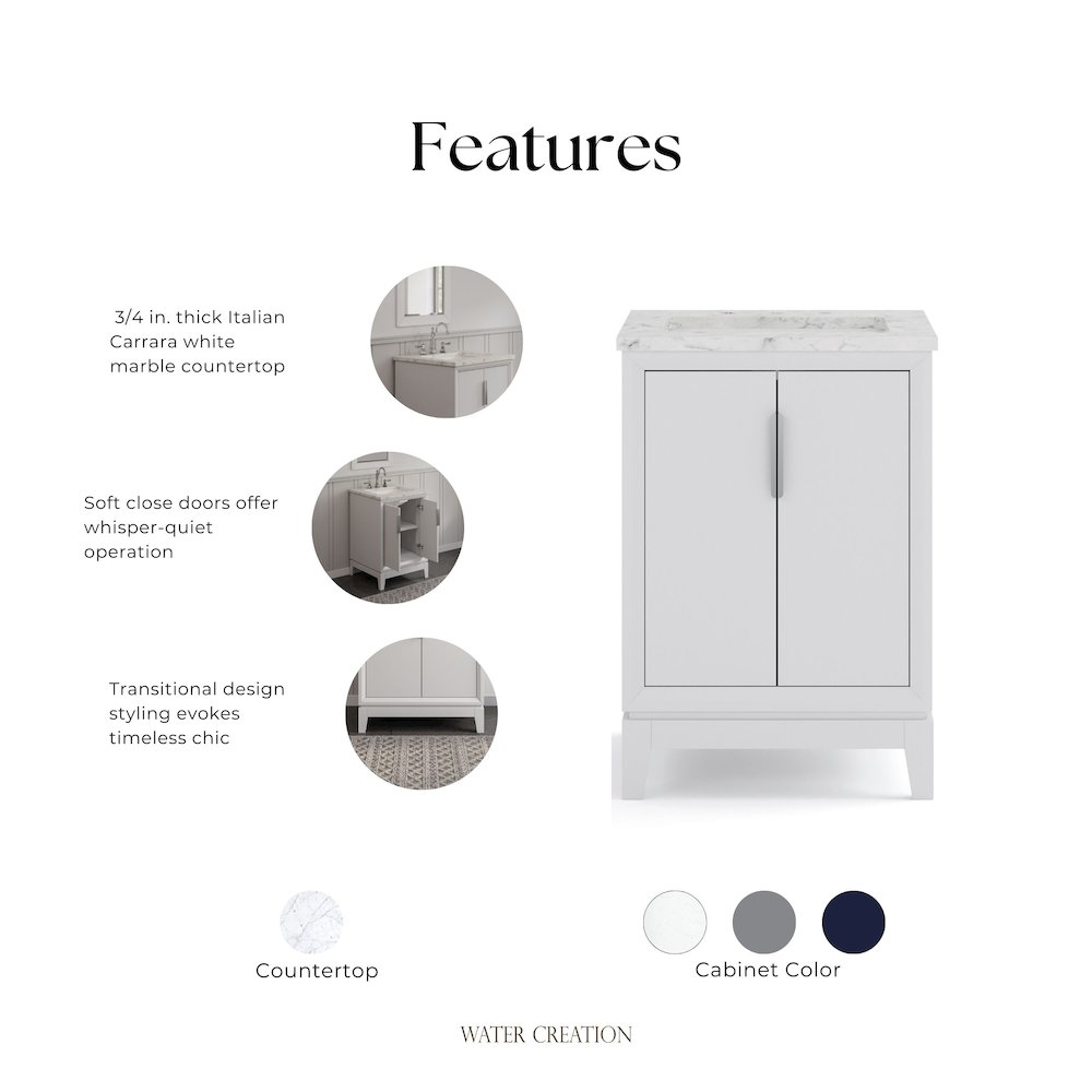 24 In. Single Sink Carrara White Marble Countertop Bath Vanity In Pure White. Picture 6