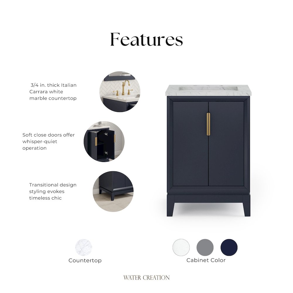 24 In. Single Sink Carrara White Marble Countertop Bath Vanity In Monarch Blue. Picture 6