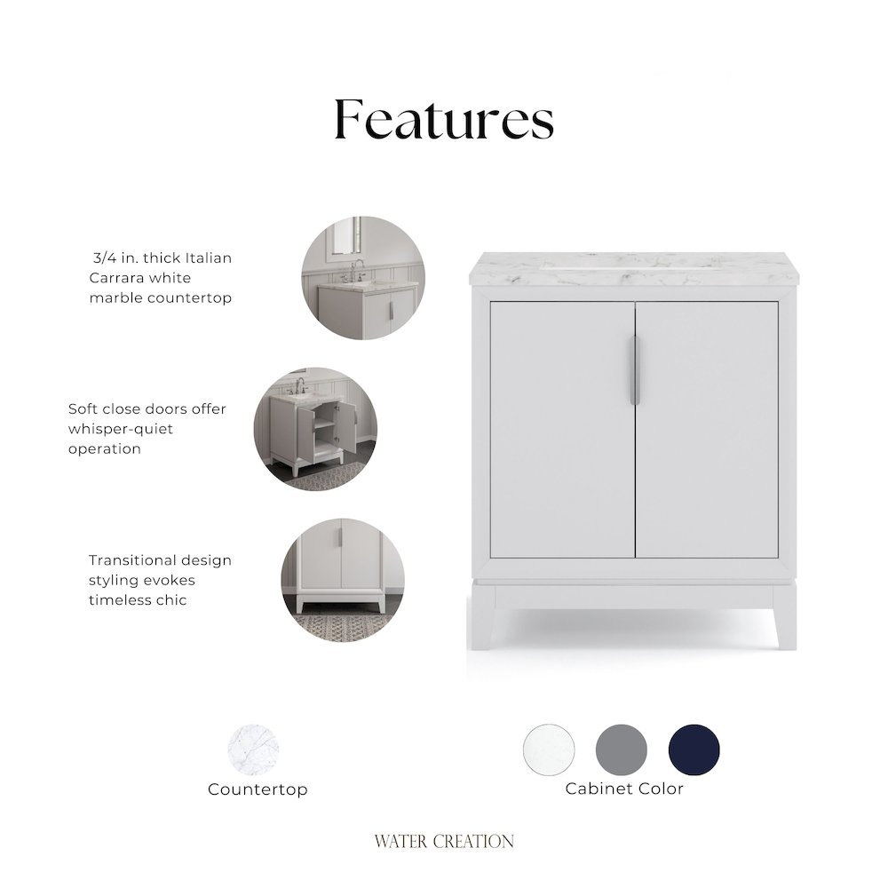 30 In. Single Sink Carrara White Marble Countertop Bath Vanity In Pure White. Picture 6