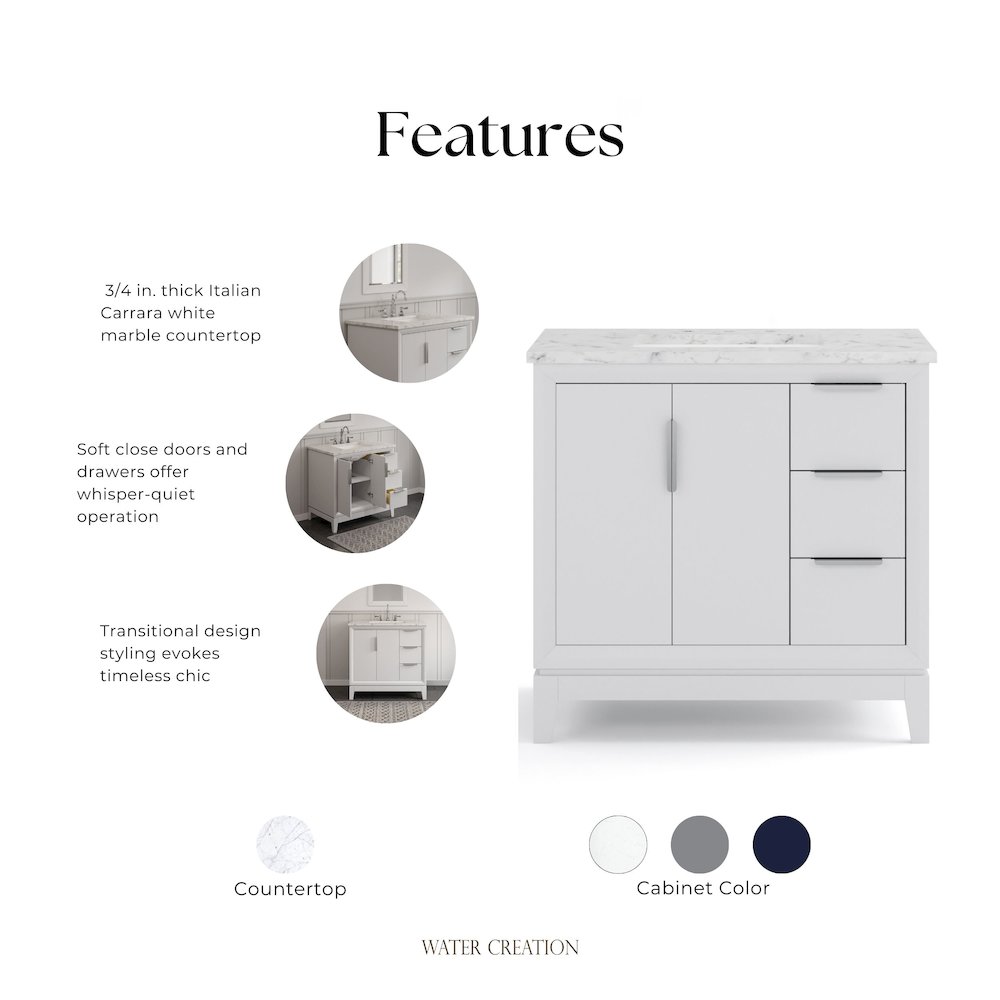 36 In. Single Sink Carrara White Marble Countertop Bath Vanity In Pure White. Picture 7