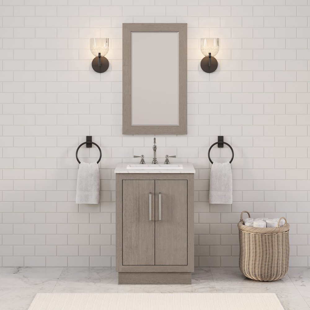 Hugo 24 In. Single Sink Carrara White Marble Countertop Bath Vanity in Grey Oak. Picture 2