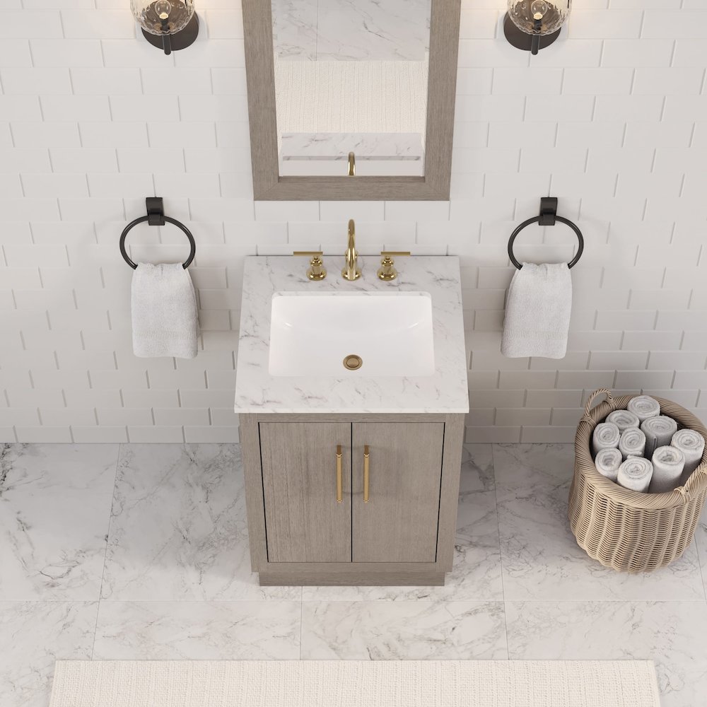 Hugo 24 In. Single Sink Carrara White Marble Countertop Bath Vanity in Grey Oak. Picture 11