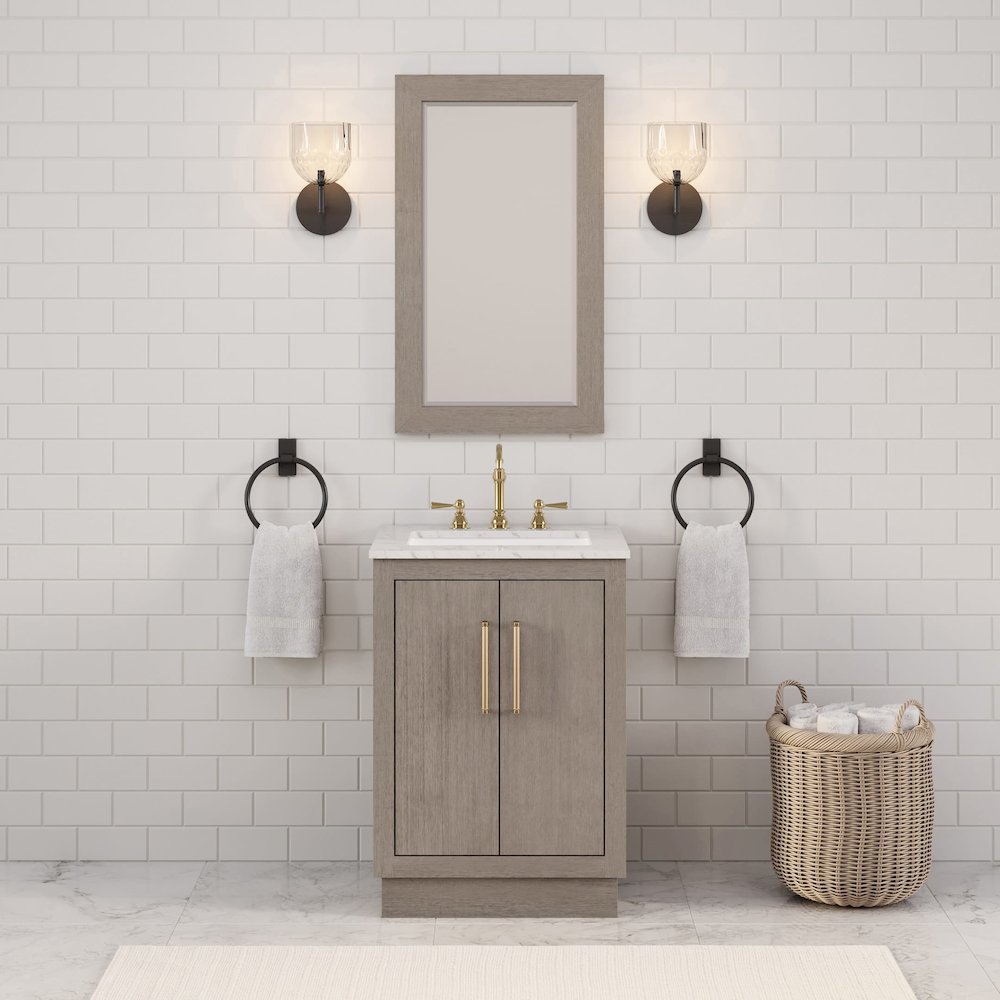Hugo 24 In. Single Sink Carrara White Marble Countertop Bath Vanity in Grey Oak. Picture 2