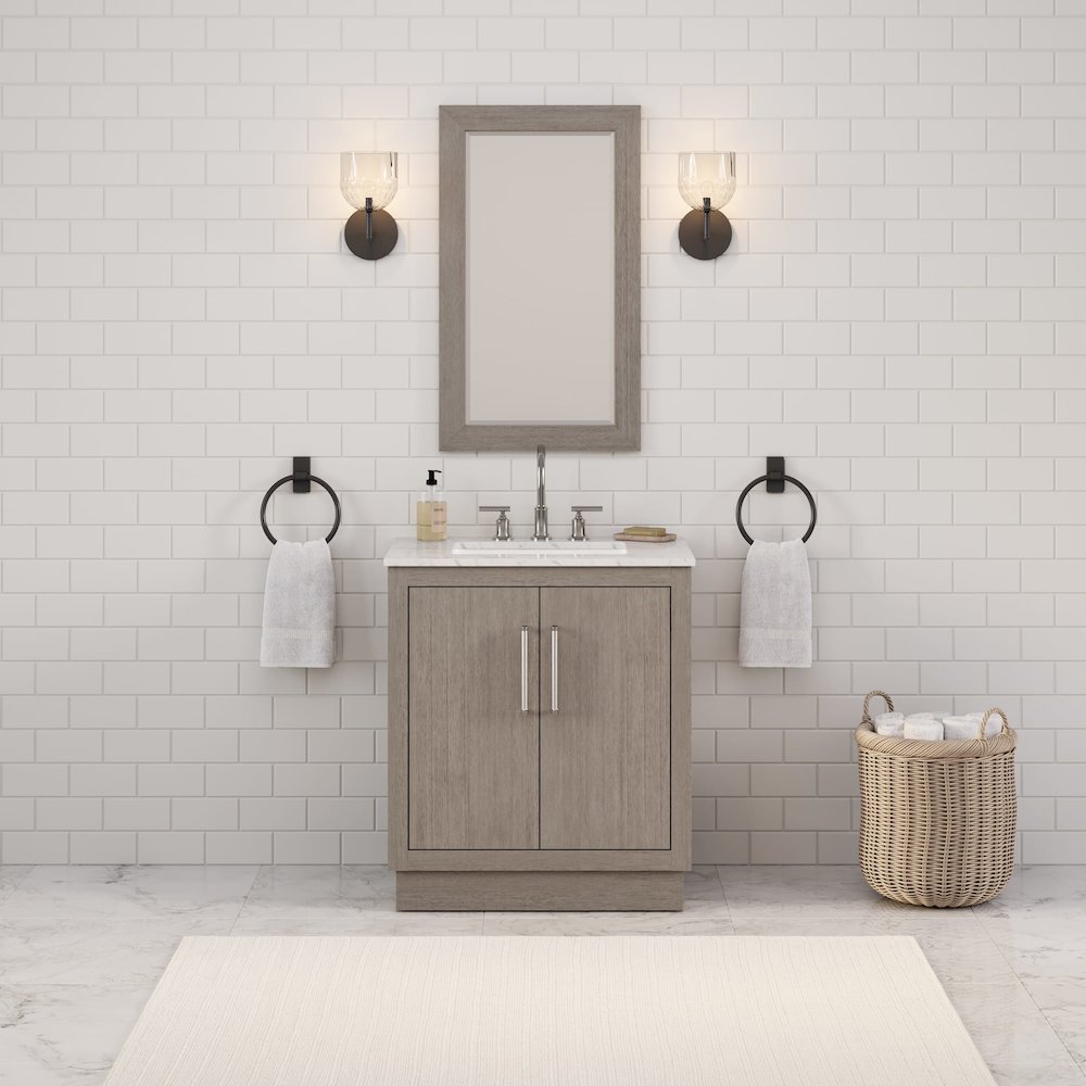 Hugo 30 In. Single Sink Carrara White Marble Countertop Bath Vanity in Grey Oak. Picture 2