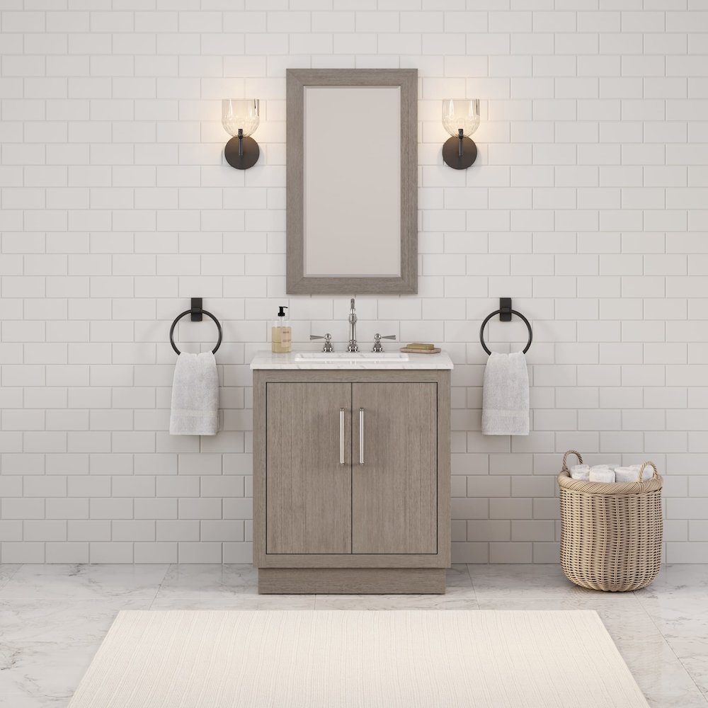 Hugo 30 In. Single Sink Carrara White Marble Countertop Bath Vanity in Grey Oak. Picture 2