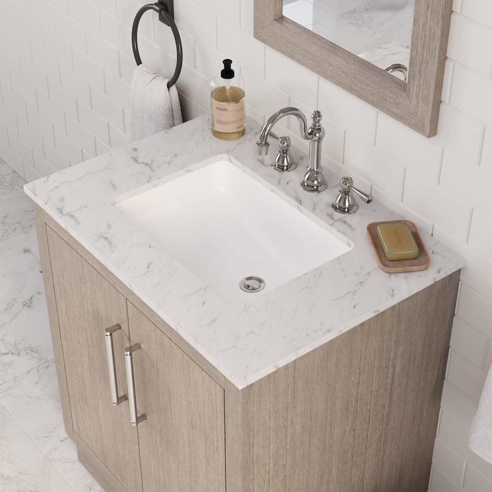 Hugo 30 In. Single Sink Carrara White Marble Countertop Bath Vanity in Grey Oak. Picture 10