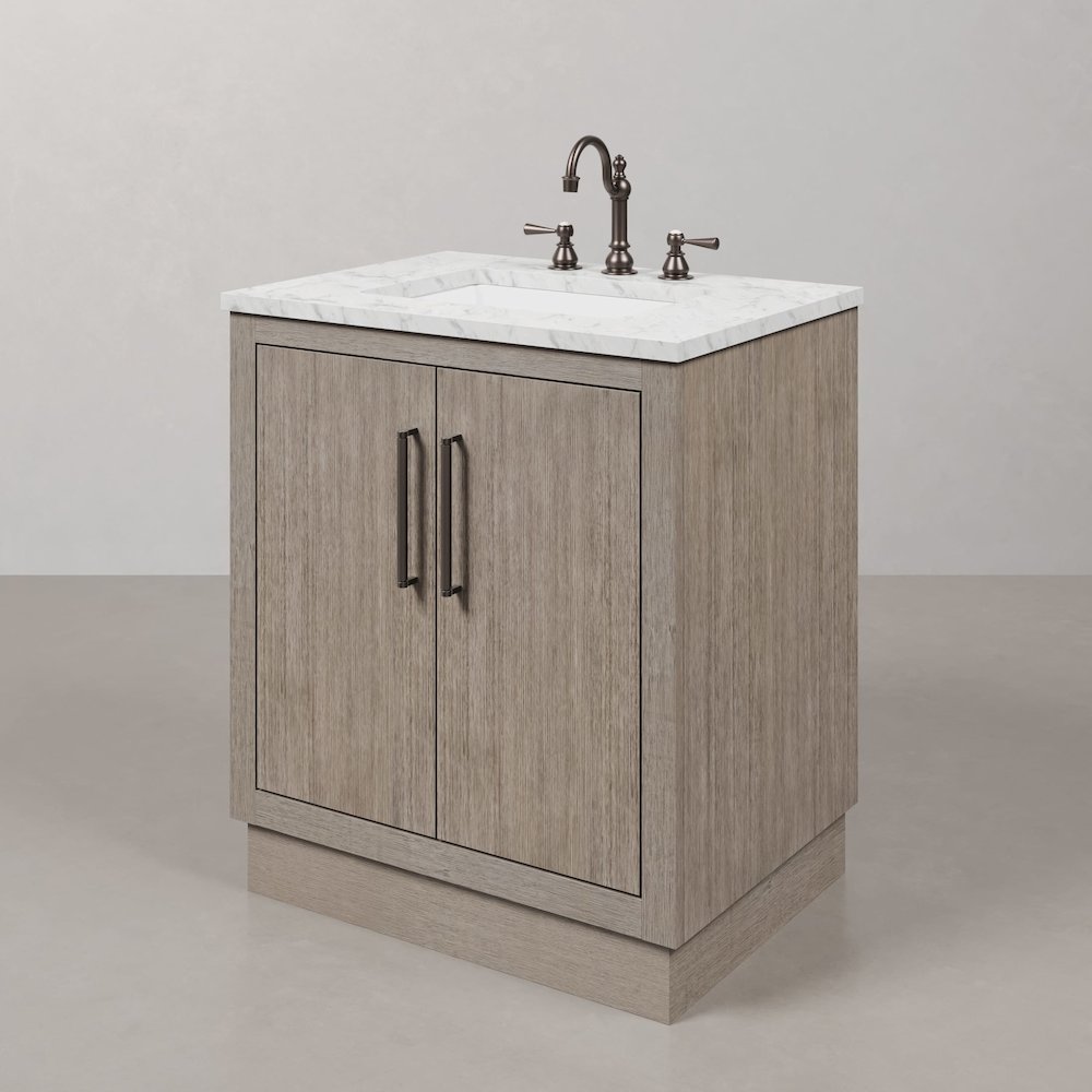 Hugo 30 In. Single Sink Carrara White Marble Countertop Vanity in Grey Oak. Picture 4