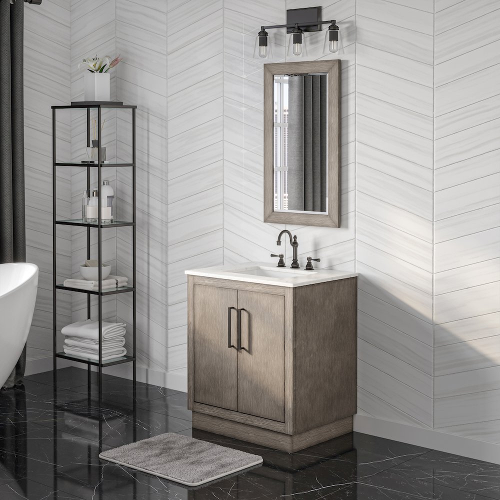 Hugo 30 In. Single Sink Carrara White Marble Countertop Vanity in Grey Oak. Picture 3