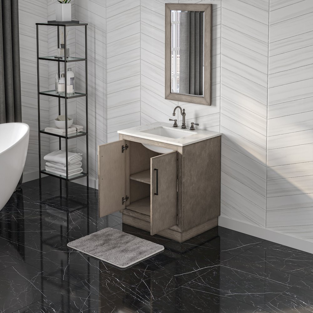 Hugo 30 In. Single Sink Carrara White Marble Countertop Vanity in Grey Oak. Picture 4