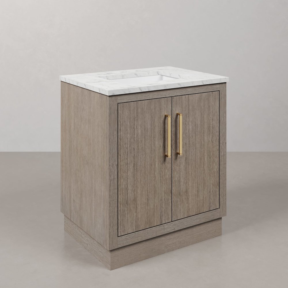 Hugo 30 In. Single Sink Carrara White Marble Countertop Bath Vanity in Grey Oak. Picture 3