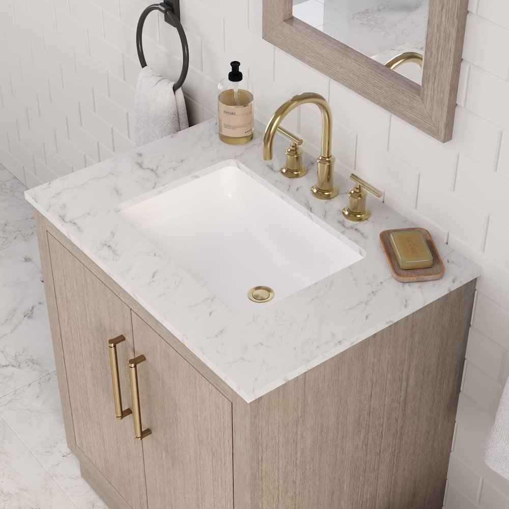 Hugo 30 In. Single Sink Carrara White Marble Countertop Bath Vanity in Grey Oak. Picture 11