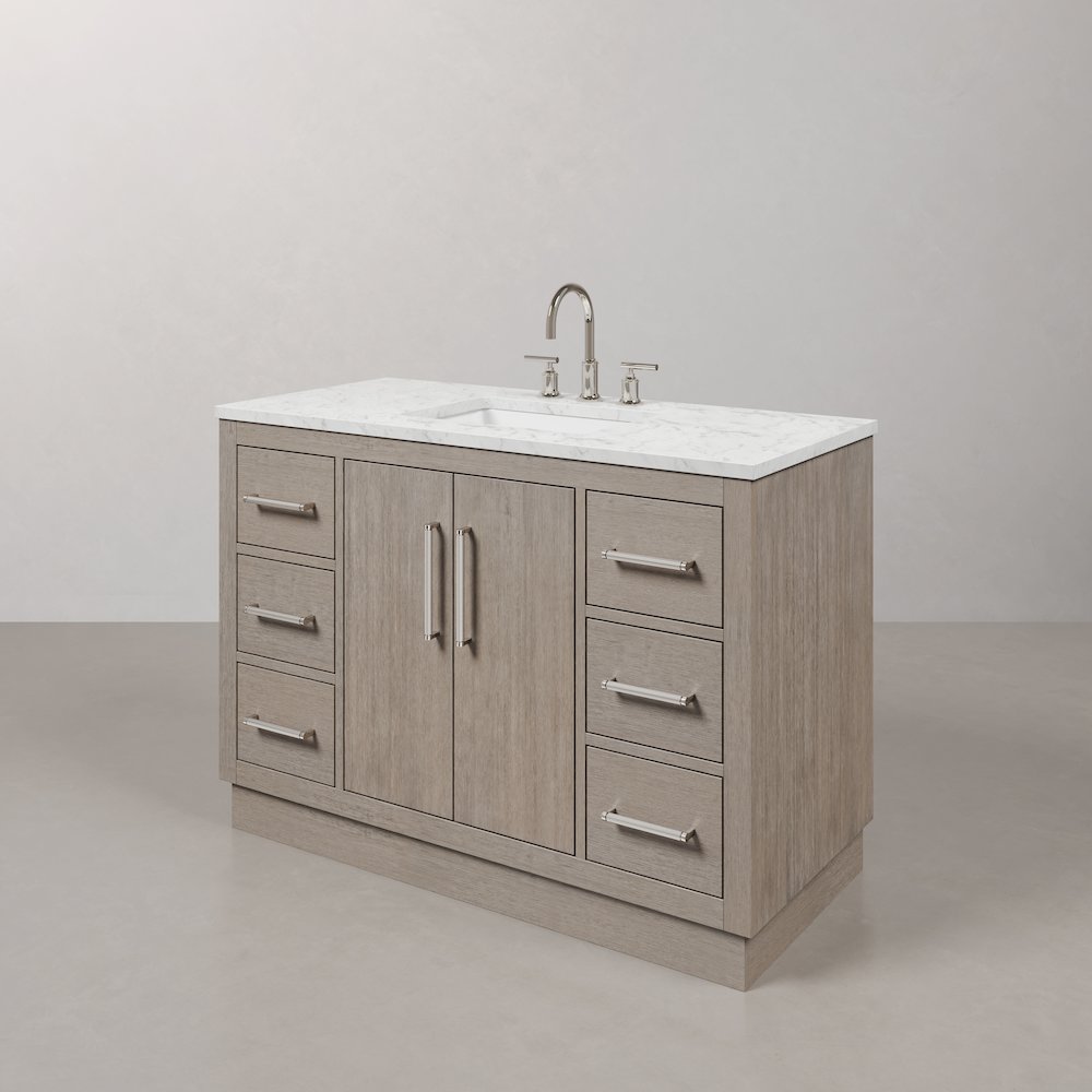 Hugo 48 In. Single Sink Carrara White Marble Countertop Bath Vanity in Grey Oak. Picture 4