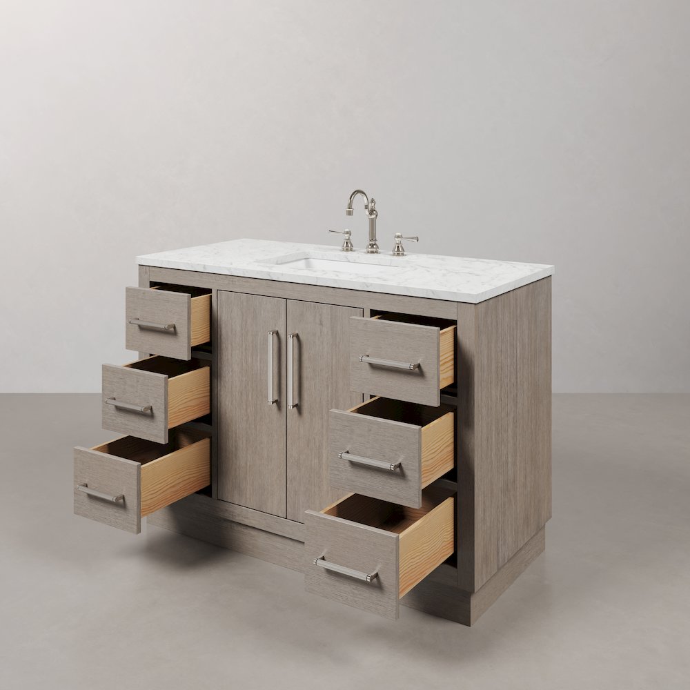 Hugo 48 In. Single Sink Carrara White Marble Countertop Bath Vanity in Grey Oak. Picture 5