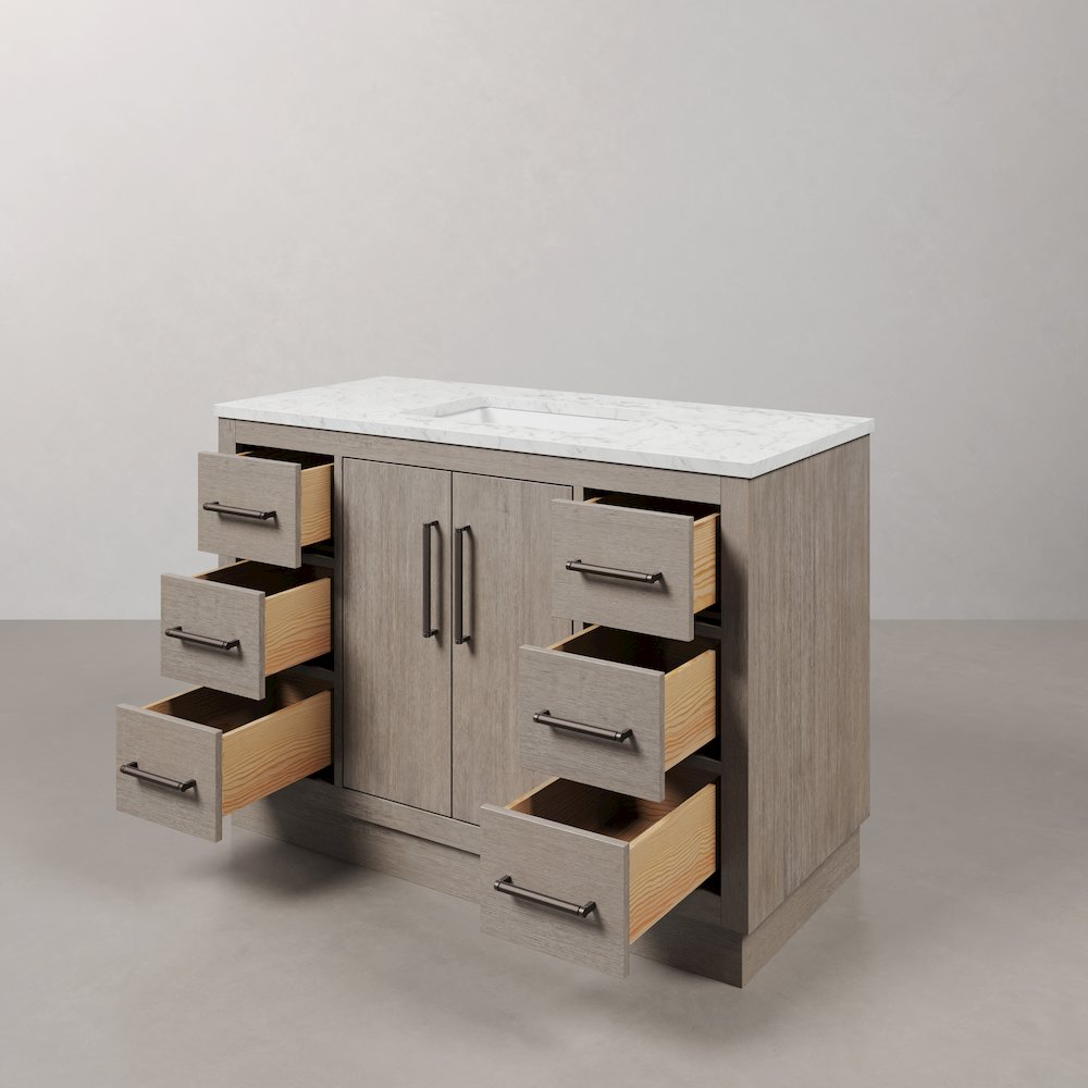 Hugo 48 In. Single Sink Carrara White Marble Countertop Vanity in Grey Oak. Picture 6