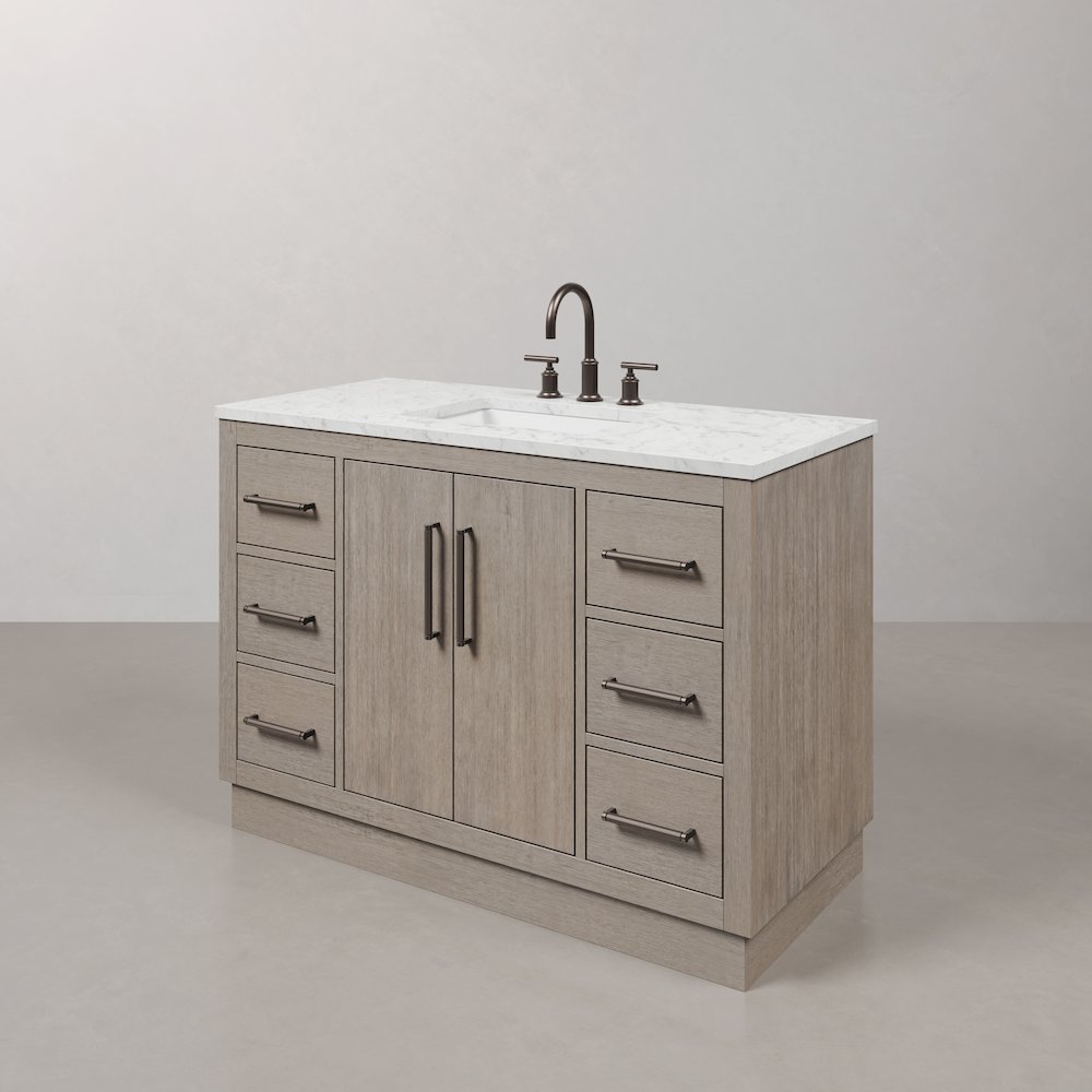 Hugo 48 In. Single Sink Carrara White Marble Countertop Vanity in Grey Oak. Picture 4