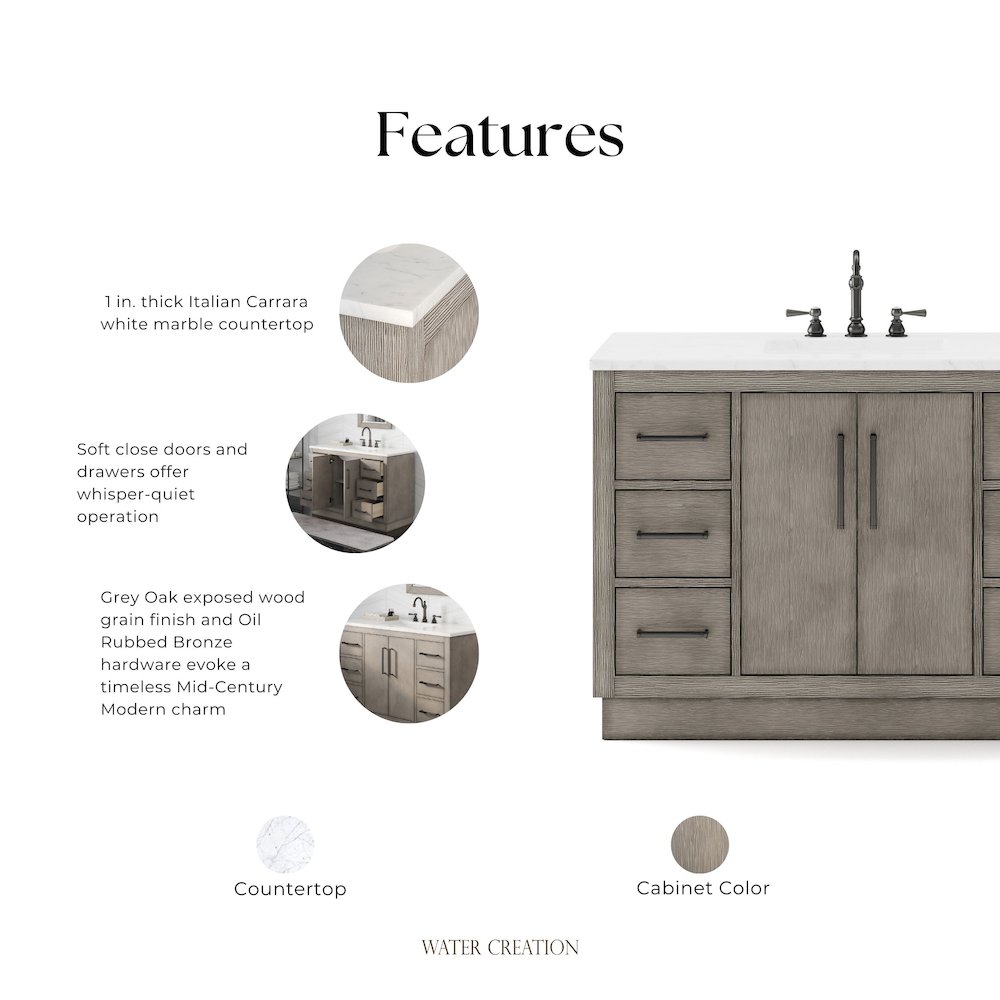 Hugo 48 In. Single Sink Carrara White Marble Countertop Vanity in Grey Oak. Picture 12