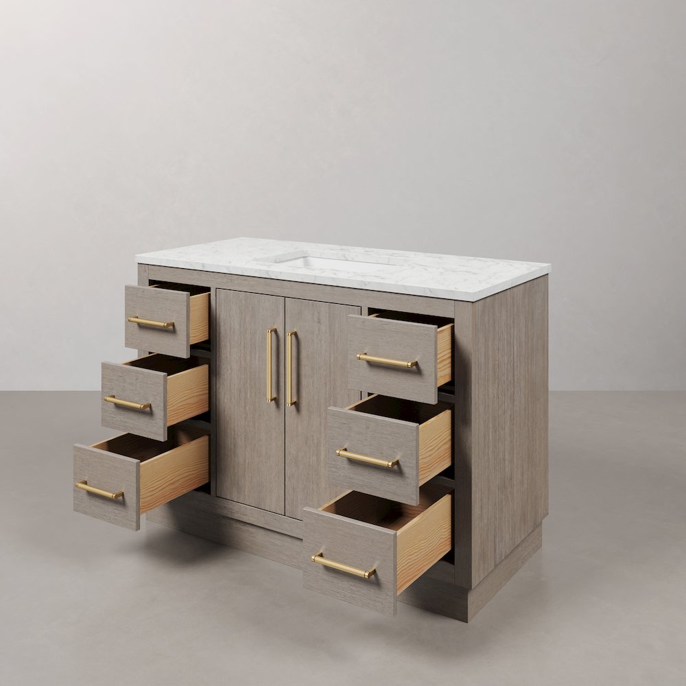 Hugo 48 In. Single Sink Carrara White Marble Countertop Bath Vanity in Grey Oak. Picture 6