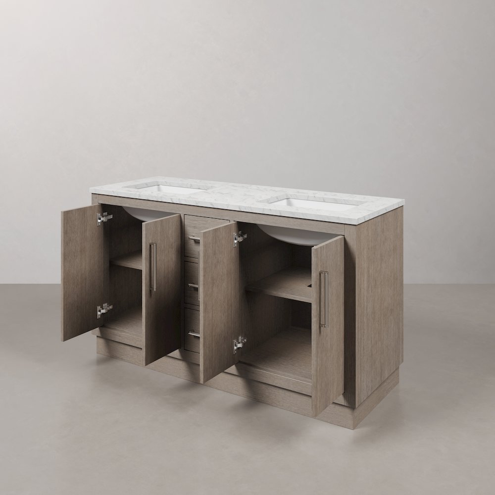Hugo 60 In. Double Sink Carrara White Marble Countertop Bath Vanity in Grey Oak. Picture 5