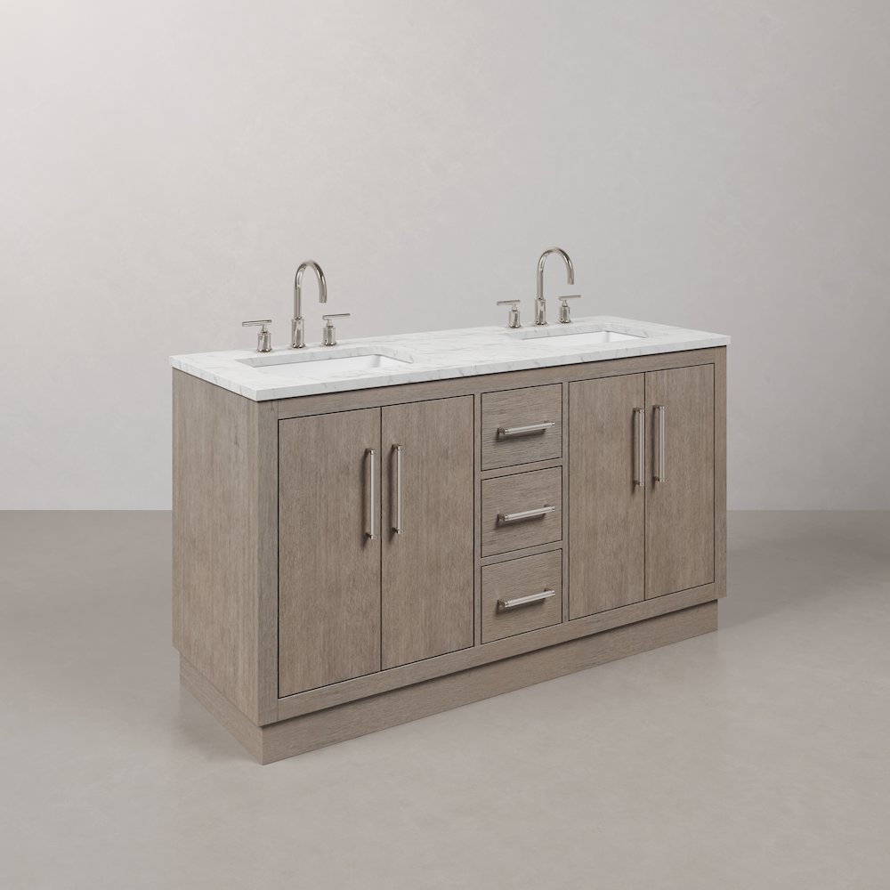 Hugo 60 In. Double Sink Carrara White Marble Countertop Bath Vanity in Grey Oak. Picture 3