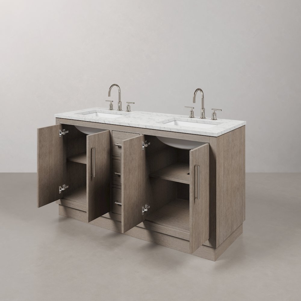 Hugo 60 In. Double Sink Carrara White Marble Countertop Bath Vanity in Grey Oak. Picture 5