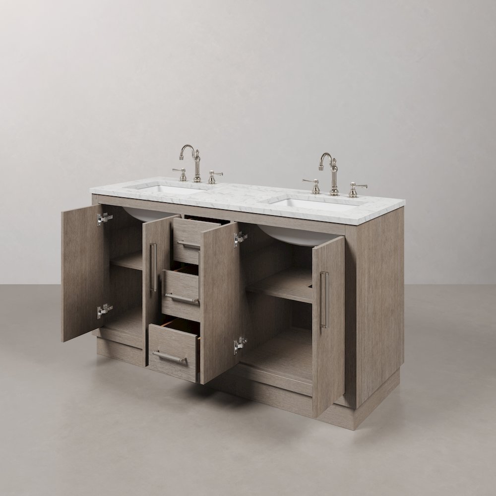 Hugo 60 In. Double Sink Carrara White Marble Countertop Bath Vanity in Grey Oak. Picture 7