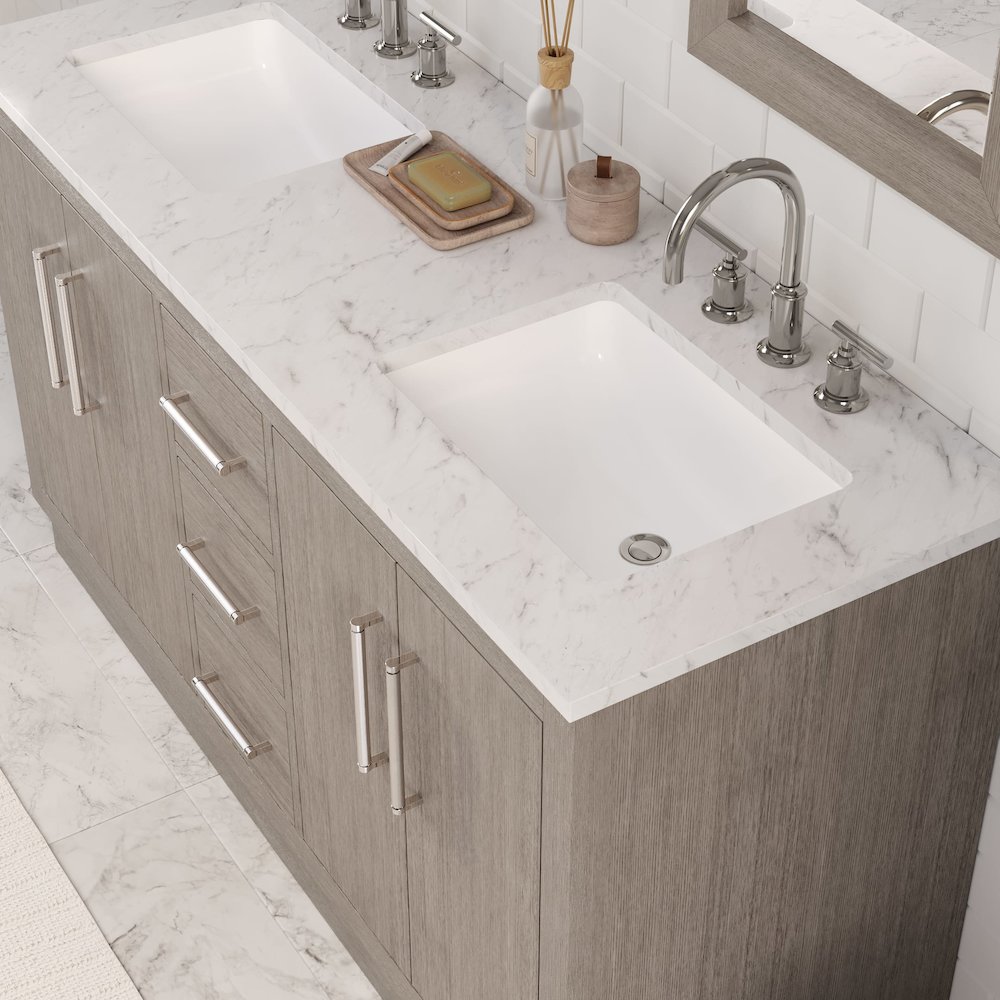 Hugo 60 In. Double Sink Carrara White Marble Countertop Bath Vanity in Grey Oak. Picture 12