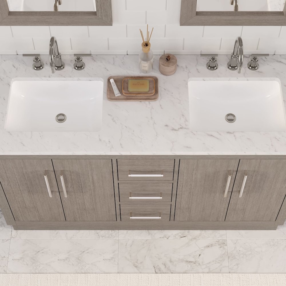 Hugo 60 In. Double Sink Carrara White Marble Countertop Bath Vanity in Grey Oak. Picture 13