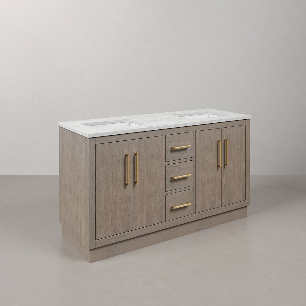 Hugo 60 In. Double Sink Carrara White Marble Countertop Bath Vanity in Grey Oak. Picture 3