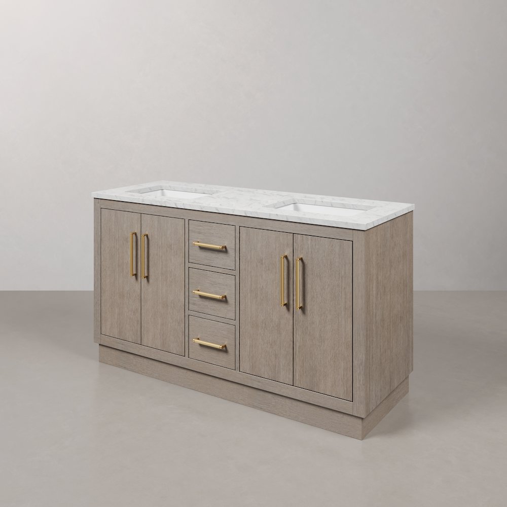 Hugo 60 In. Double Sink Carrara White Marble Countertop Bath Vanity in Grey Oak. Picture 4
