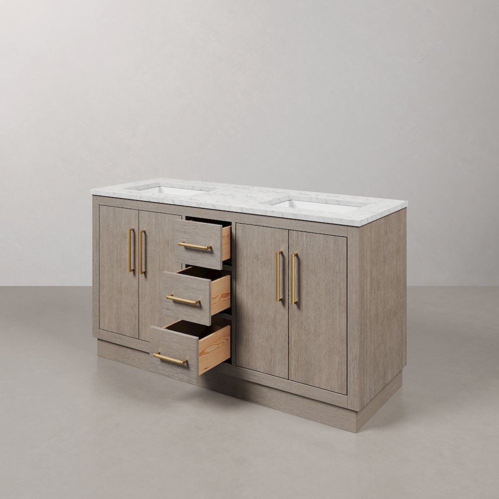 Hugo 60 In. Double Sink Carrara White Marble Countertop Bath Vanity in Grey Oak. Picture 6