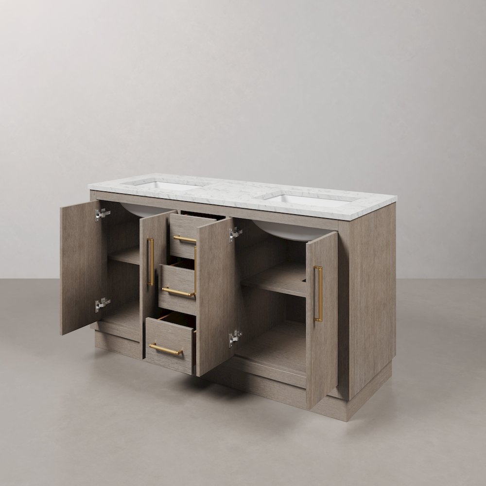 Hugo 60 In. Double Sink Carrara White Marble Countertop Bath Vanity in Grey Oak. Picture 7