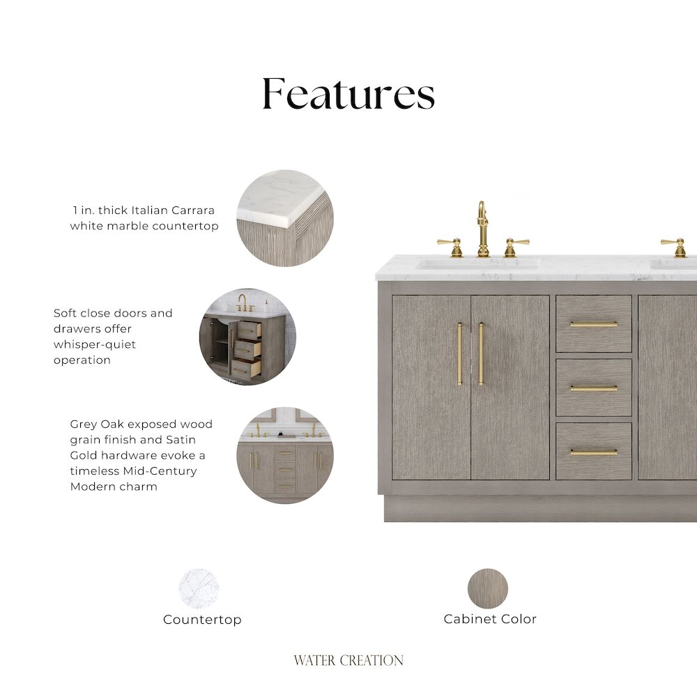 Hugo 60 In. Double Sink Carrara White Marble Countertop Bath Vanity in Grey Oak. Picture 14
