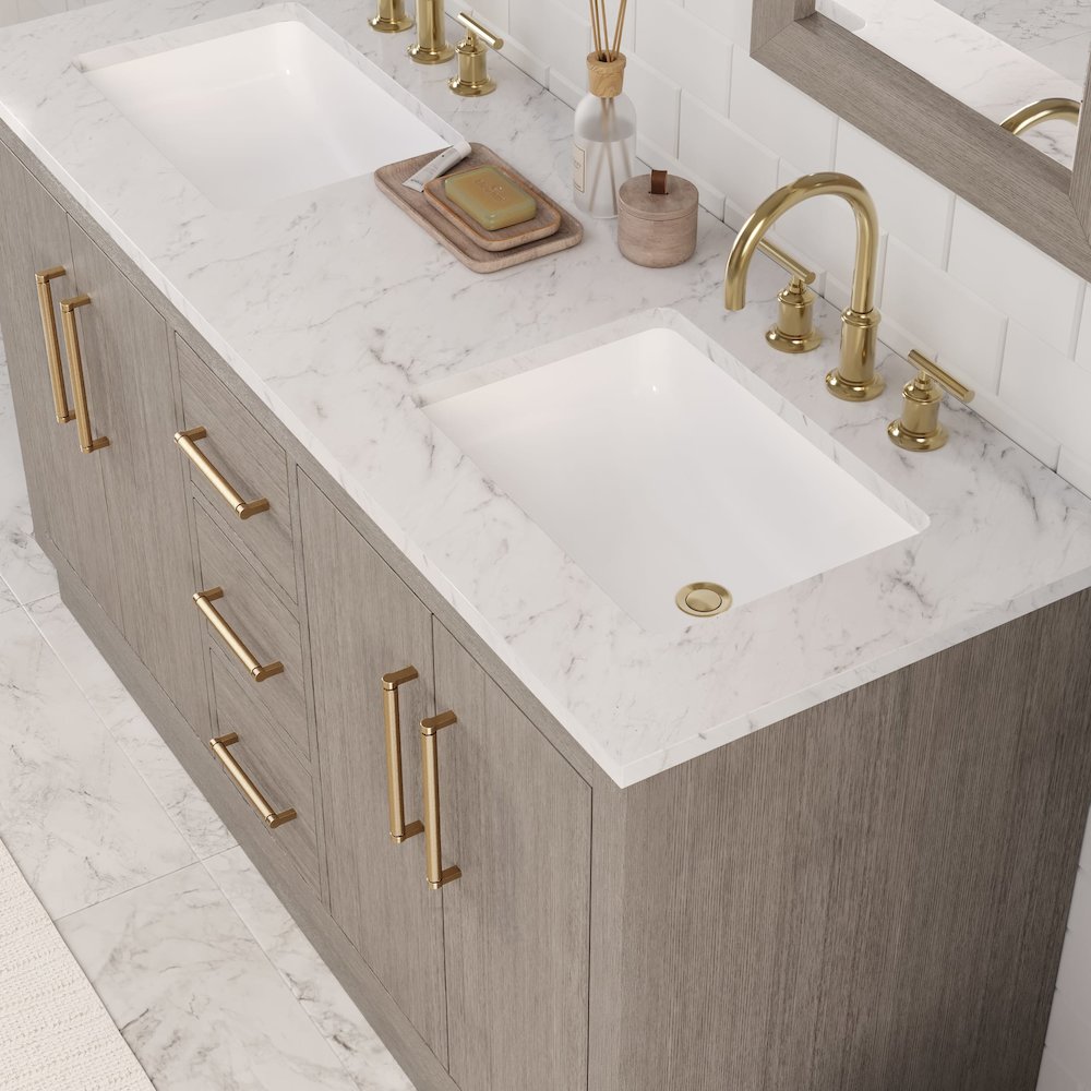Hugo 60 In. Double Sink Carrara White Marble Countertop Bath Vanity in Grey Oak. Picture 13