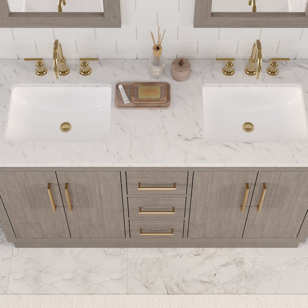 Hugo 60 In. Double Sink Carrara White Marble Countertop Bath Vanity in Grey Oak. Picture 13