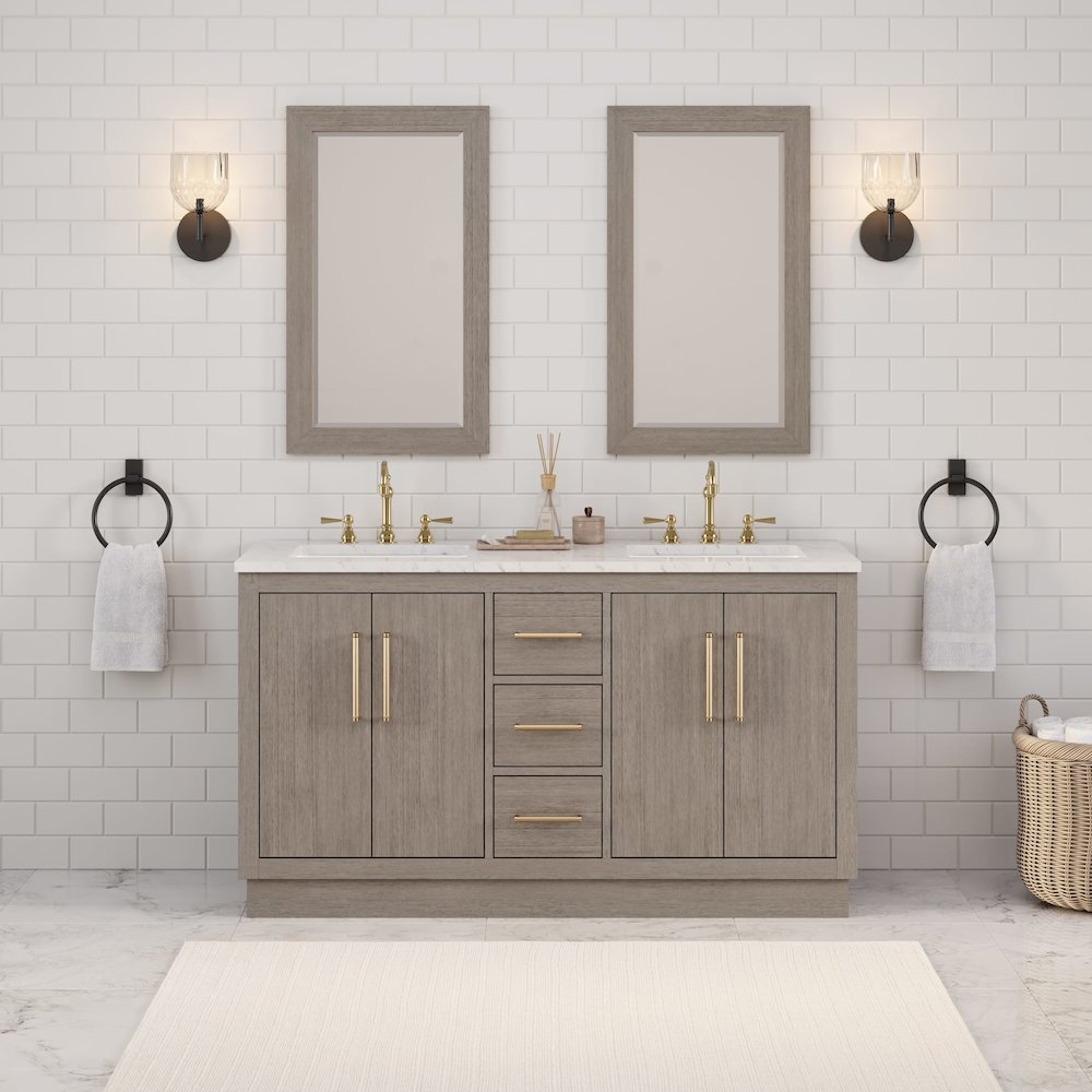 Hugo 60 In. Double Sink Carrara White Marble Countertop Bath Vanity in Grey Oak. Picture 2