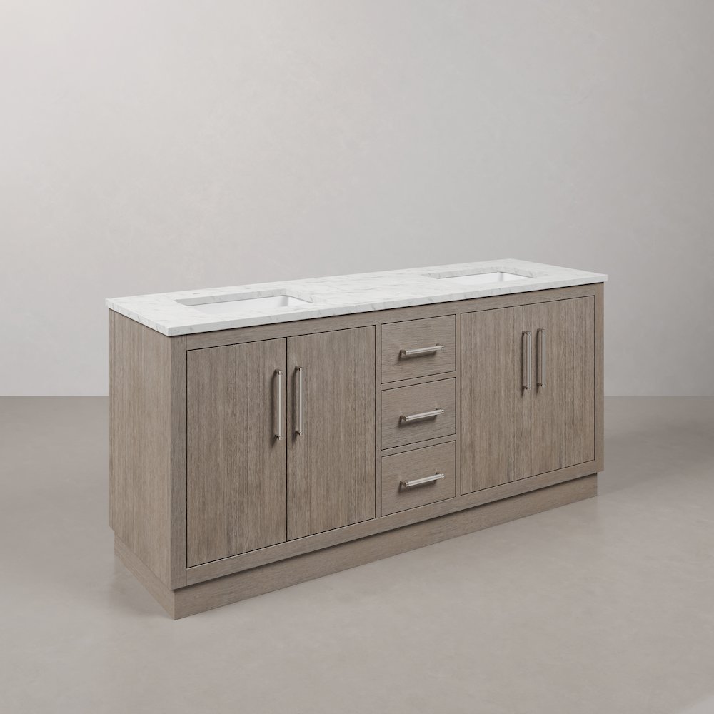 Hugo 72 In. Double Sink Carrara White Marble Countertop Bath Vanity in Grey Oak. Picture 3