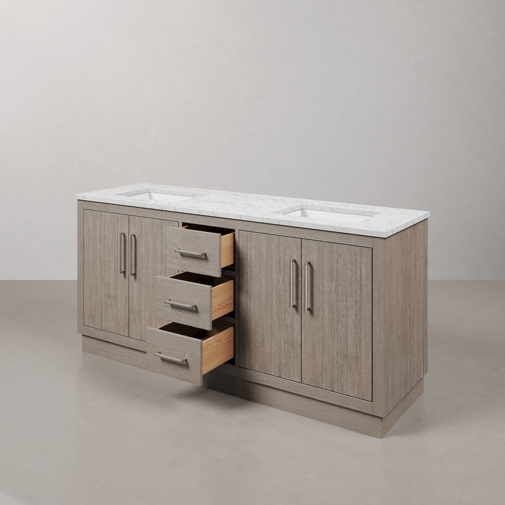 Hugo 72 In. Double Sink Carrara White Marble Countertop Bath Vanity in Grey Oak. Picture 6