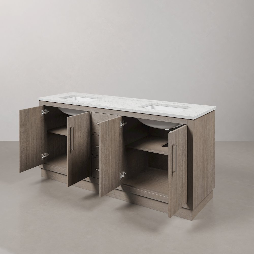 Hugo 72 In. Double Sink Carrara White Marble Countertop Bath Vanity in Grey Oak. Picture 5
