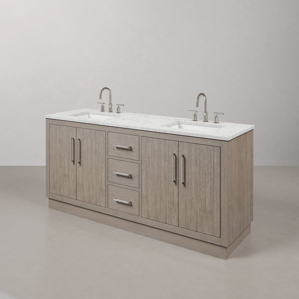 Hugo 72 In. Double Sink Carrara White Marble Countertop Bath Vanity in Grey Oak. Picture 4
