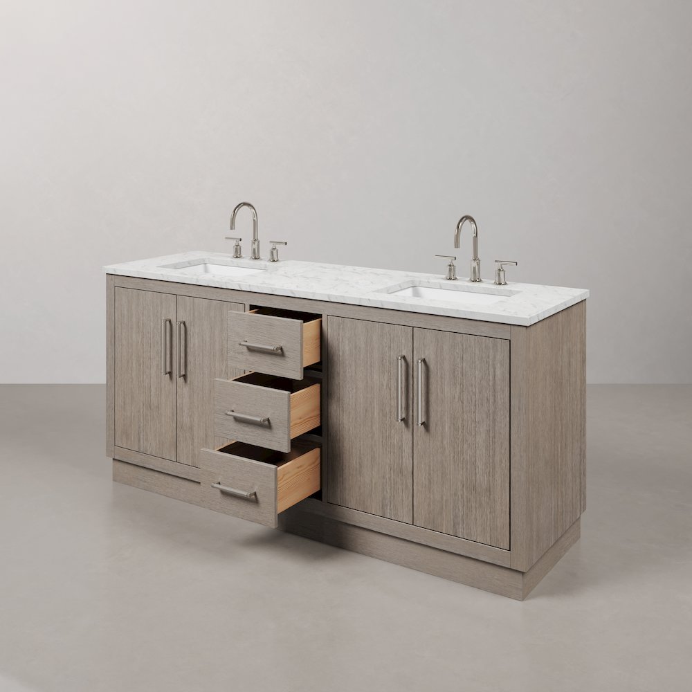 Hugo 72 In. Double Sink Carrara White Marble Countertop Bath Vanity in Grey Oak. Picture 6